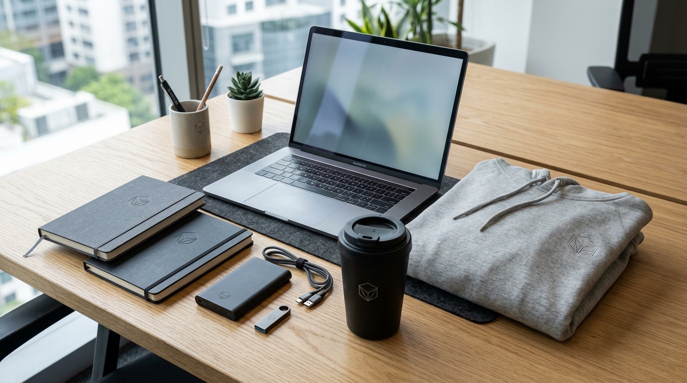 High-quality corporate branded swag display